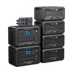 Six black Bluetti AC300 power stations are stacked, featuring a detachable control panel, accessible power outlets, blue LED screens, labeled buttons, and a 3000W pure sine wave inverter for reliable power delivery.