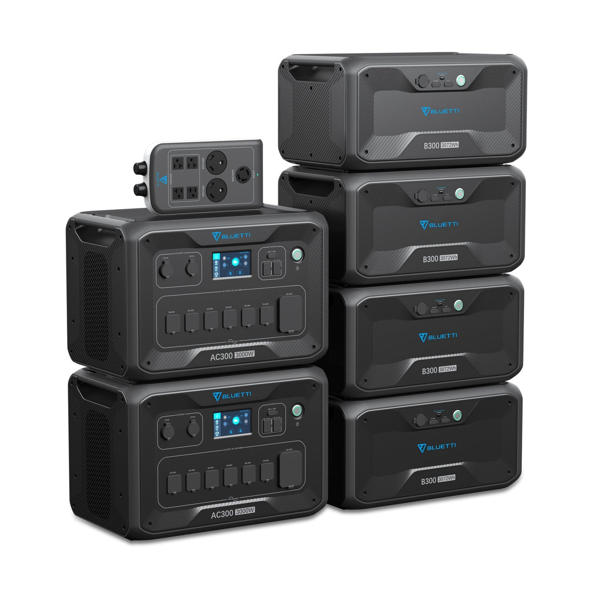 Six black Bluetti AC300 power stations are stacked, featuring a detachable control panel, accessible power outlets, blue LED screens, labeled buttons, and a 3000W pure sine wave inverter for reliable power delivery.