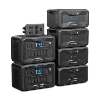 Six black Bluetti AC300 power stations are stacked, featuring a detachable control panel, accessible power outlets, blue LED screens, labeled buttons, and a 3000W pure sine wave inverter for reliable power delivery.