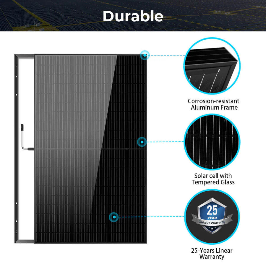 The Sungold Power solar panel features a corrosion-resistant aluminum frame, tempered glass solar cells, and a 25-year linear output warranty badge. Durable—ideal for reliable solar energy solutions.