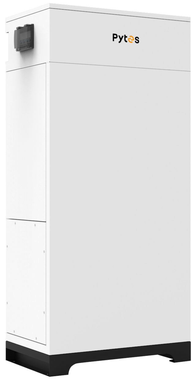 The Pytes V-BOX-OC is a large, white, rectangular outdoor battery cabinet with the brand name on the upper front corner. It houses LiFePO₄ batteries and features a small side access panel for convenience.