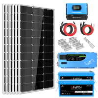 Six Sungold Power monocrystalline solar panels, a blue solar charge controller, a 3000W inverter charger, two blue LiFePO4 batteries, red and black cables, mounting brackets, and screws arranged on a white background.