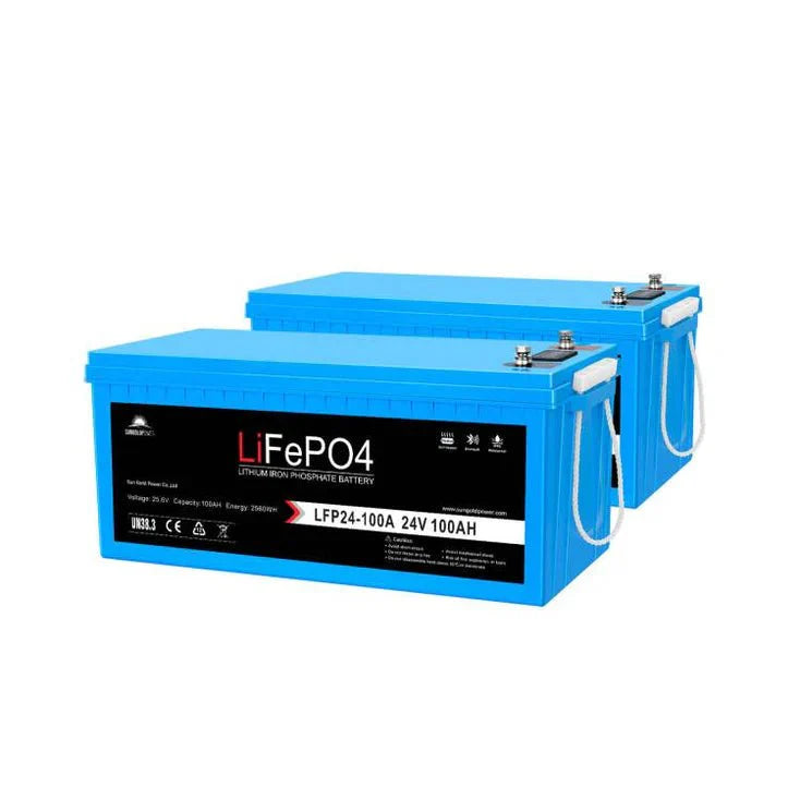 Two blue Sungold Power lithium iron phosphate (LiFePO4) batteries with black labels showing 24V 100Ah and Advanced BMS are positioned side by side on a white background.