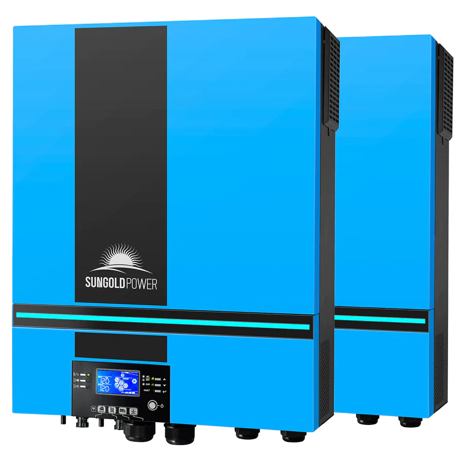 Two blue rectangular Sungold Power solar inverters, each with black vertical stripes, digital display screens, multiple input/output ports, and pure sine wave output, are placed side by side against a white background.