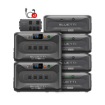 Six stacked Bluetti power stations, including three labeled Bluetti Apex300 Extra Batteries and three labeled B300K, with a top Bluetti Apex300 PD portable power station featuring outlets and two cables, all set against a clean white background.