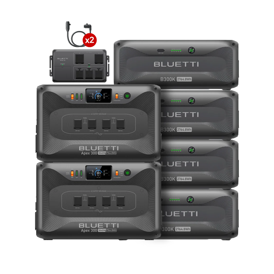 Six stacked Bluetti power stations, including three labeled Bluetti Apex300 Extra Batteries and three labeled B300K, with a top Bluetti Apex300 PD portable power station featuring outlets and two cables, all set against a clean white background.