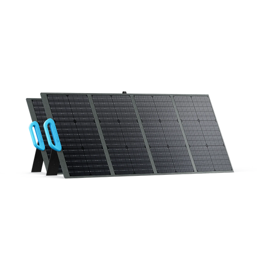 The Bluetti portable foldable solar panel has blue handles, high-efficiency monocrystalline cells, four side-by-side rectangular sections, and stands upright on built-in support legs.