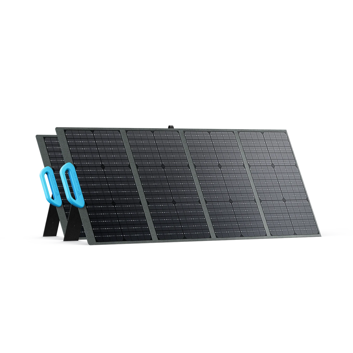 The Bluetti portable foldable solar panel has blue handles, high-efficiency monocrystalline cells, four side-by-side rectangular sections, and stands upright on built-in support legs.