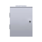 A plain, closed, gray metal electrical enclosure box with a single round knob, hinges on the left, and a mounting bracket at the top—resembling the sturdy design often seen in portable power station or solar generator units—set against a white background.