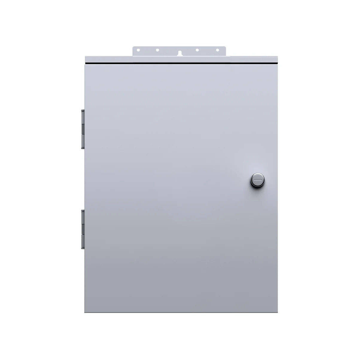 A plain, closed, gray metal electrical enclosure box with a single round knob, hinges on the left, and a mounting bracket at the top—resembling the sturdy design often seen in portable power station or solar generator units—set against a white background.