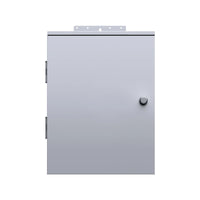 A plain, closed, gray metal electrical enclosure box with a single round knob, hinges on the left, and a mounting bracket at the top—resembling the sturdy design often seen in portable power station or solar generator units—set against a white background.