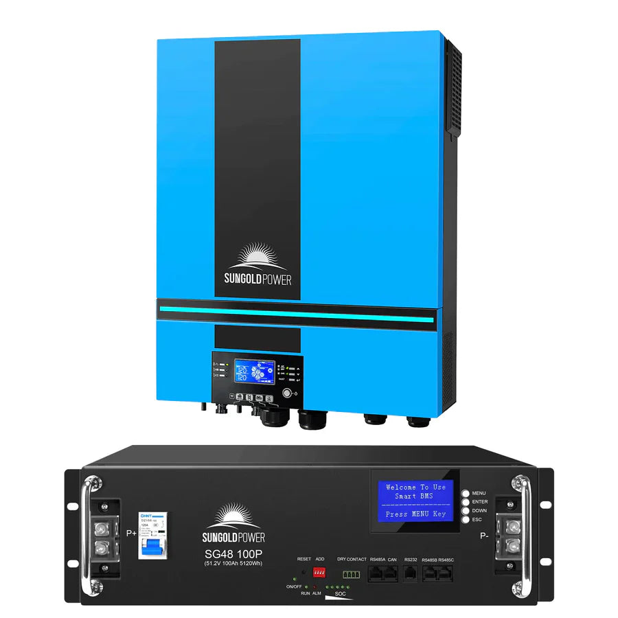 Two Sungold Power solar inverters are shown. The top has a blue and black design with a digital display, ports, and an MPPT solar charger. The bottom is a black pure sine wave solar inverter with a screen, buttons, and multiple terminals.