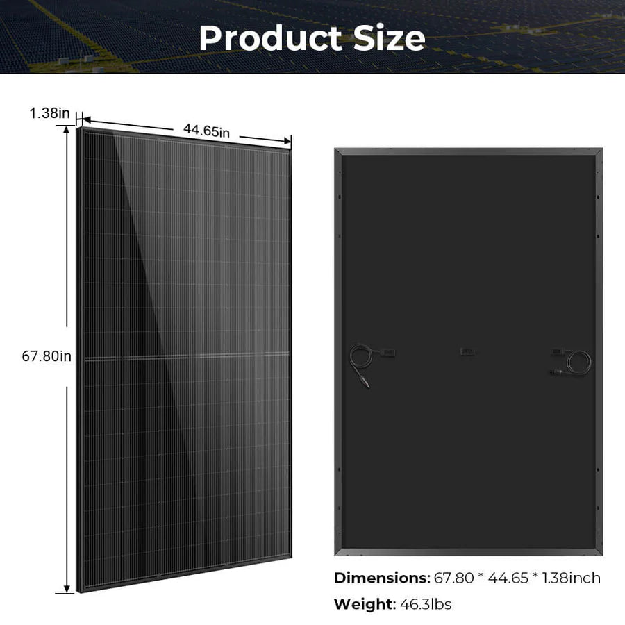 Image displays Eco Solar Kits solar panel—rectangular, 67.8 x 44.65 x 1.38 inches, weighing 46.3 lbs. The front view shows segmented panels; the back view reveals visible connectors.