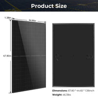 Image displays Eco Solar Kits solar panel—rectangular, 67.8 x 44.65 x 1.38 inches, weighing 46.3 lbs. The front view shows segmented panels; the back view reveals visible connectors.