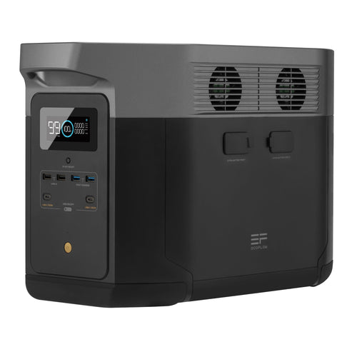 A black and gray Ecoflow Delta Max solar generator features a digital display, multiple USB ports, AC outlet, and cooling vents. The Ecoflow brand name is visible; it pairs well with portable solar panels for reliable power anywhere.