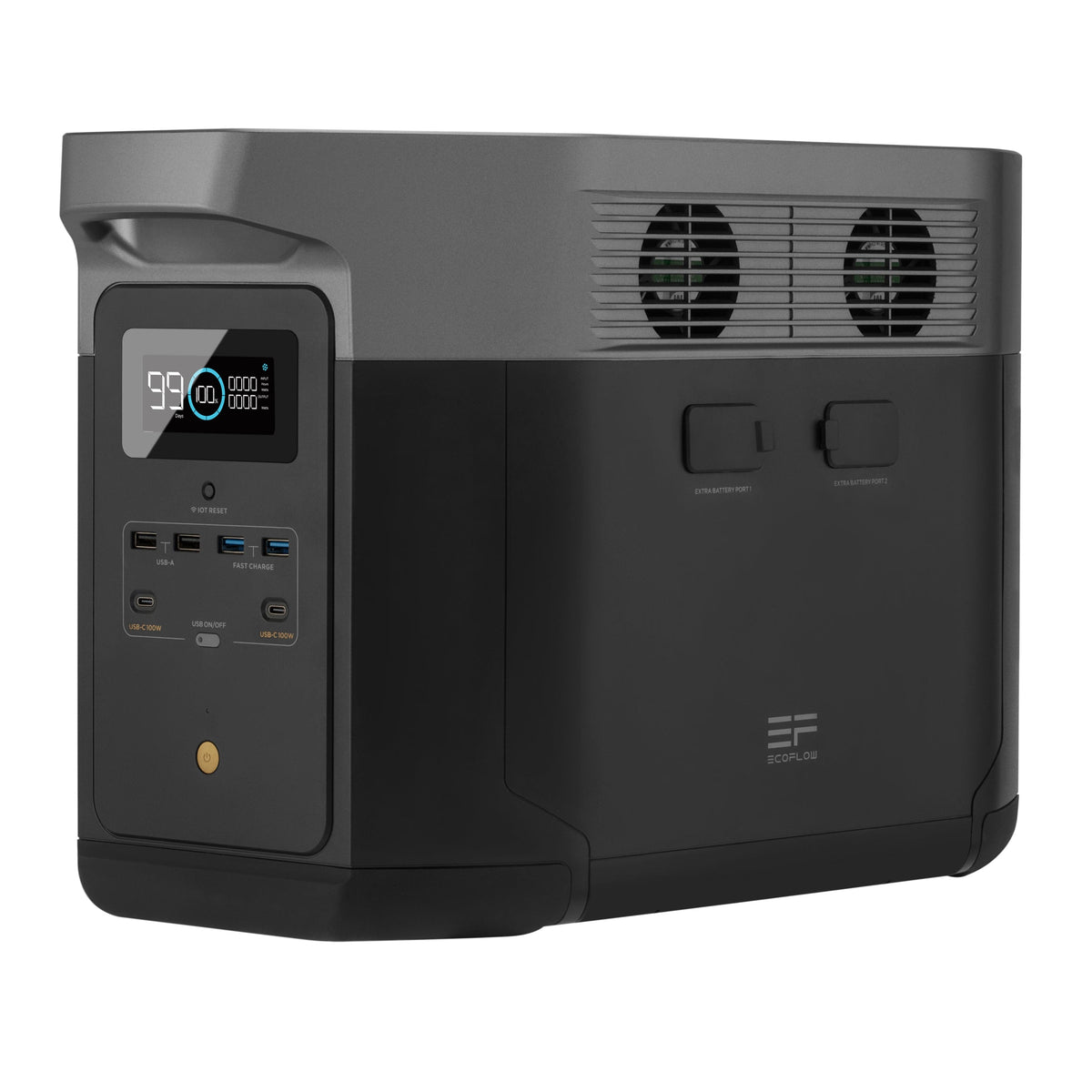 A black and gray Ecoflow Delta Max solar generator features a digital display, multiple USB ports, AC outlet, and cooling vents. The Ecoflow brand name is visible; it pairs well with portable solar panels for reliable power anywhere.