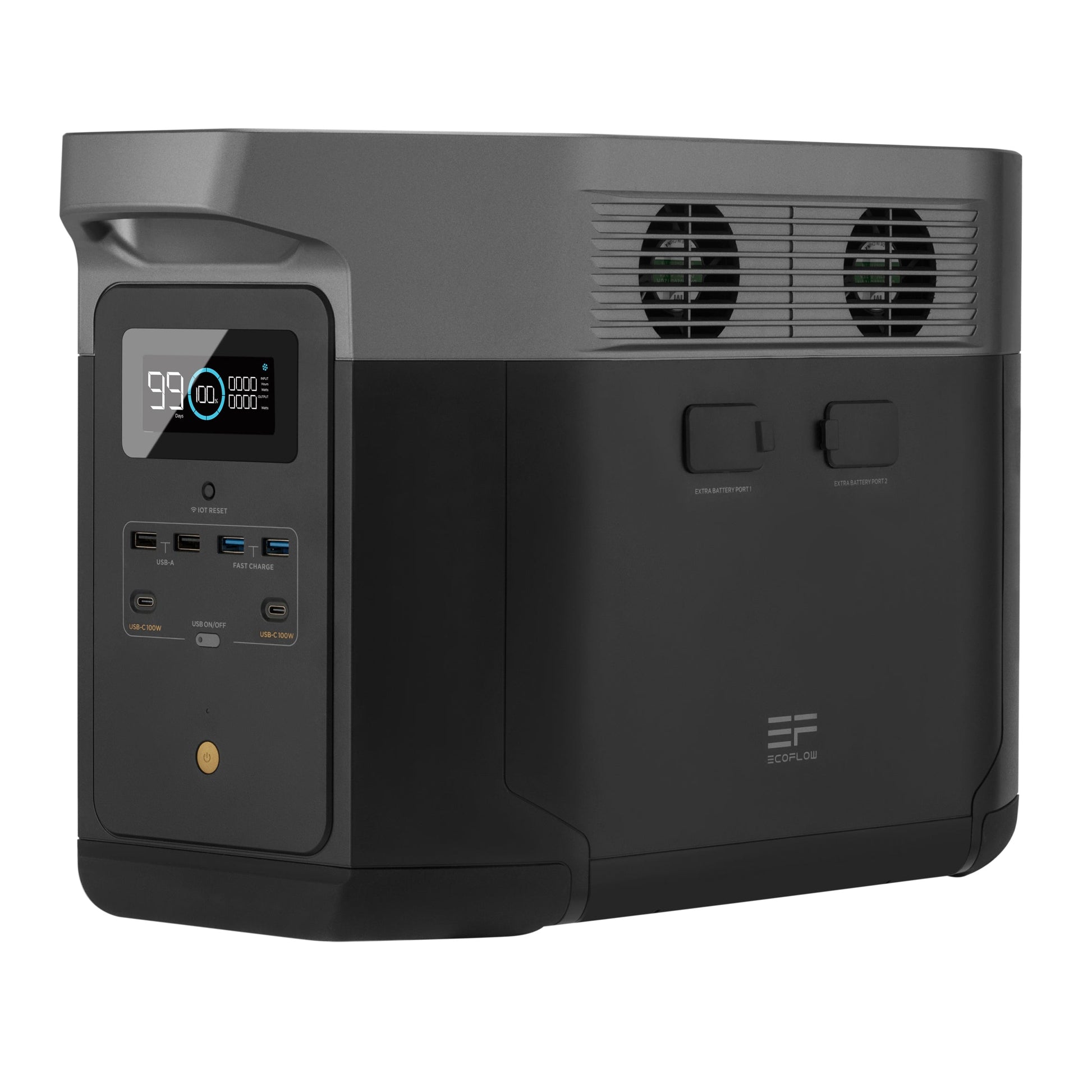 A black and gray Ecoflow Delta Max solar generator features a digital display, multiple USB ports, AC outlet, and cooling vents. The Ecoflow brand name is visible; it pairs well with portable solar panels for reliable power anywhere.