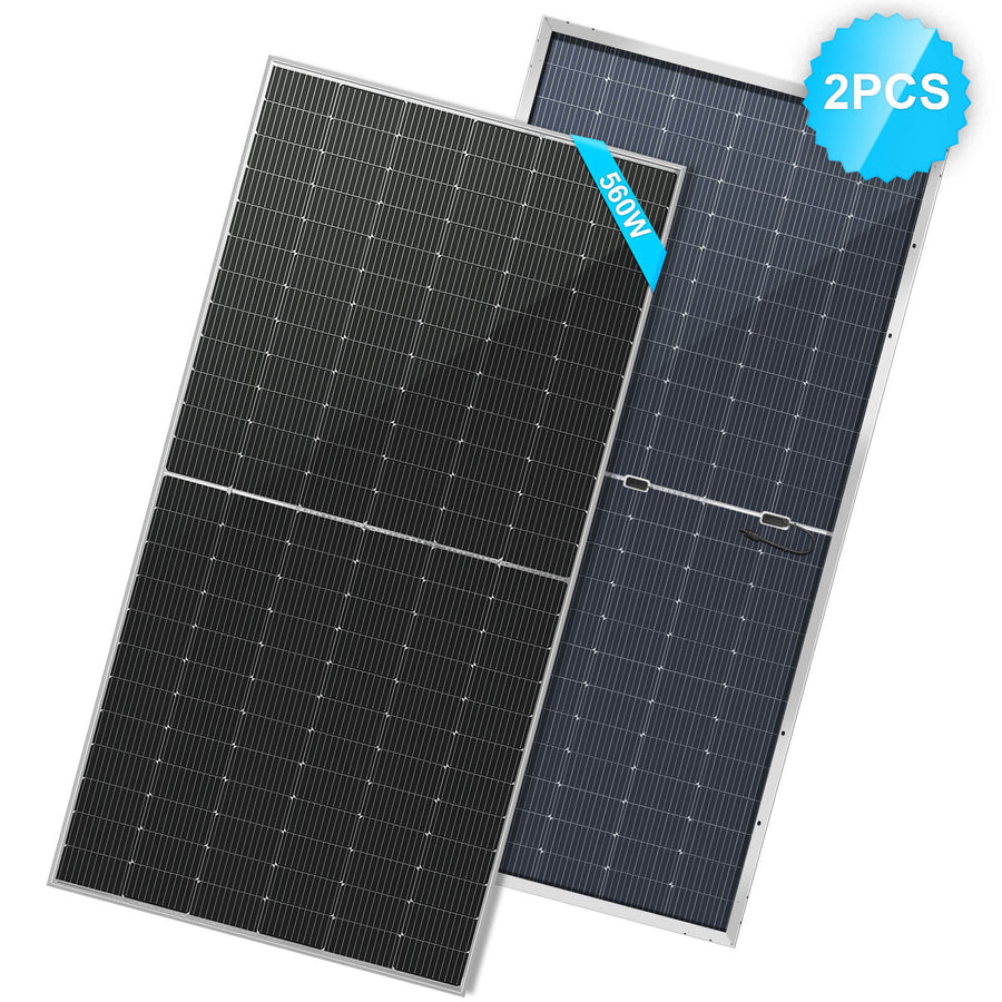 Two large rectangular bifacial solar panels from Sungold Power, in black and dark blue, each labeled 560W with a 2PCS blue badge, designed for superior energy efficiency.
