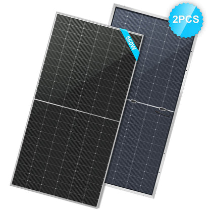 Two large black bifacial Sungold Power solar panels with silver frames are shown, angled to display front and back. A blue label on the front panel reads 550W, and a blue 2PCS badge appears in the top right for energy efficiency.