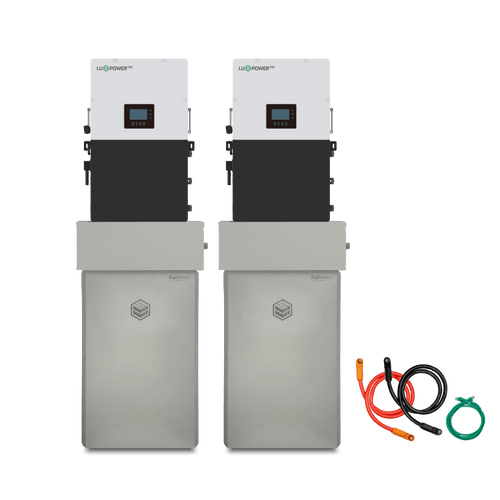 Two tall, metallic BigBattery storage units with white control panels on top stand side by side for high-capacity power storage. Three coiled cables—red, black, and green—are placed to the right of the units.