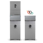 Two silver, rectangular battery units from EG4 are positioned side by side. The taller unit is labeled FLEXBOSS 2, while the shorter unit includes four indicator lights for straightforward battery status monitoring. Three colored cables are displayed above the taller unit, indicating simple connectivity and installation. This organized product layout highlights the EG4 brand’s focus on practical design and key functional features.