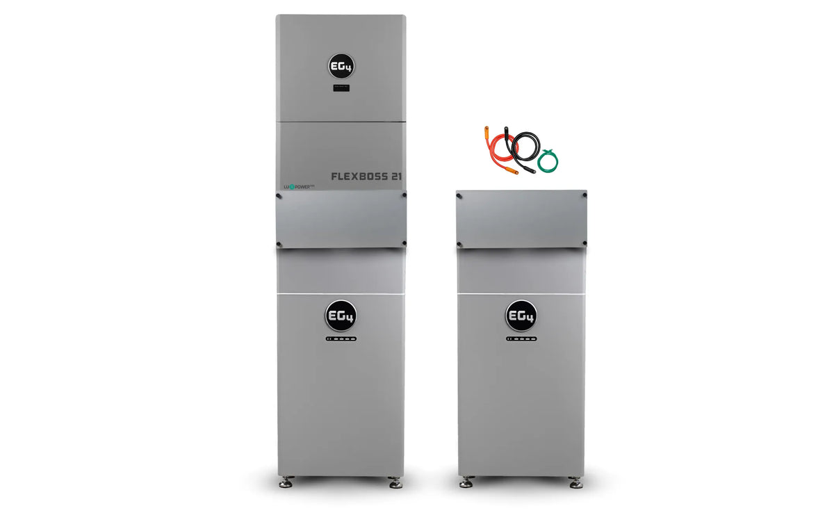 Two silver, rectangular battery units from EG4 are positioned side by side. The taller unit is labeled FLEXBOSS 2, while the shorter unit includes four indicator lights for straightforward battery status monitoring. Three colored cables are displayed above the taller unit, indicating simple connectivity and installation. This organized product layout highlights the EG4 brand’s focus on practical design and key functional features.