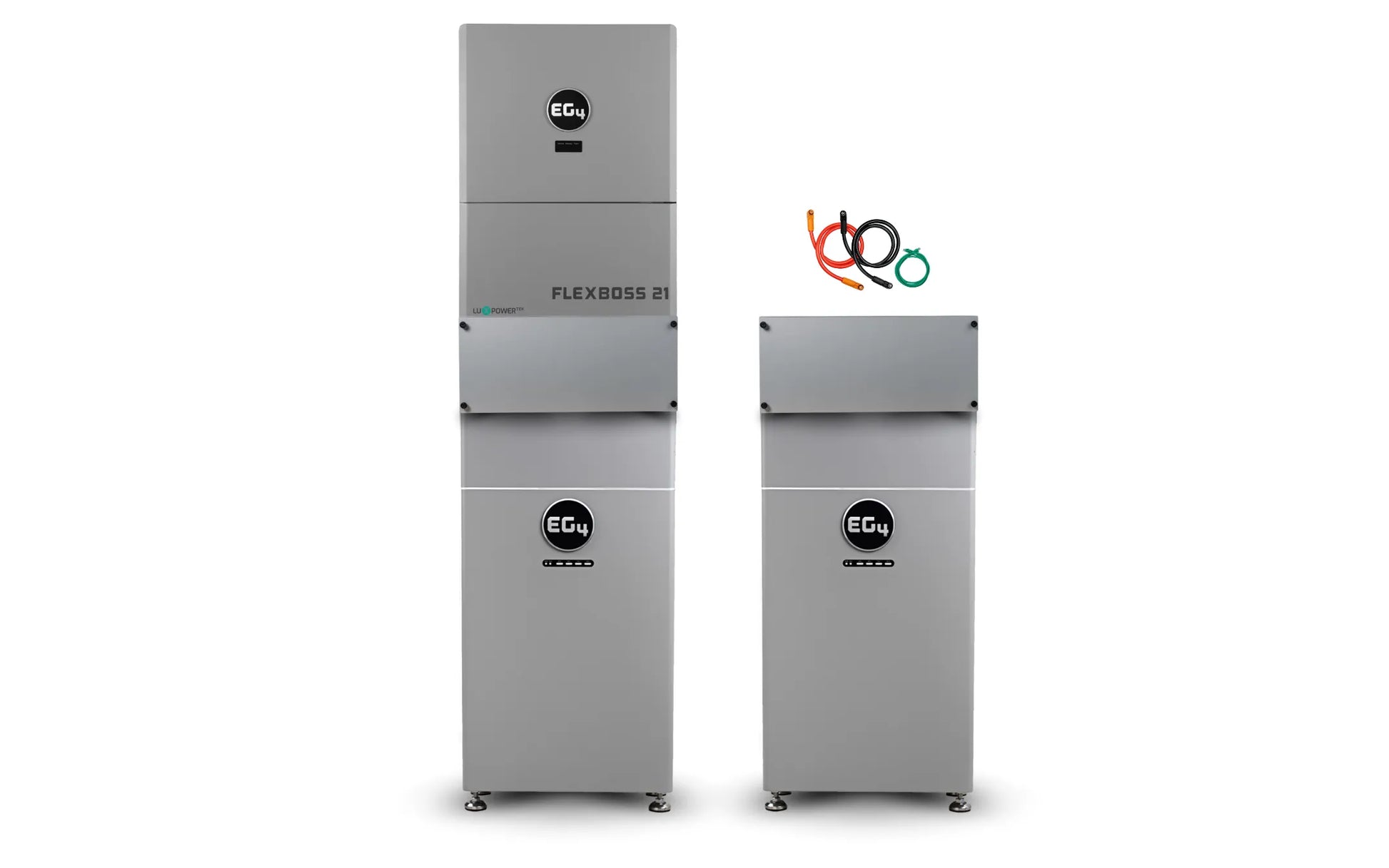 Two silver, rectangular battery units from EG4 are positioned side by side. The taller unit is labeled FLEXBOSS 2, while the shorter unit includes four indicator lights for straightforward battery status monitoring. Three colored cables are displayed above the taller unit, indicating simple connectivity and installation. This organized product layout highlights the EG4 brand’s focus on practical design and key functional features.