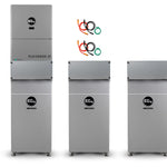 Certainly! Here is your revised description, blending in one or two of the given keywords smoothly: Three tall, rectangular silver battery units from EG4 stand side by side, with wiring harnesses displayed above them on a white background.