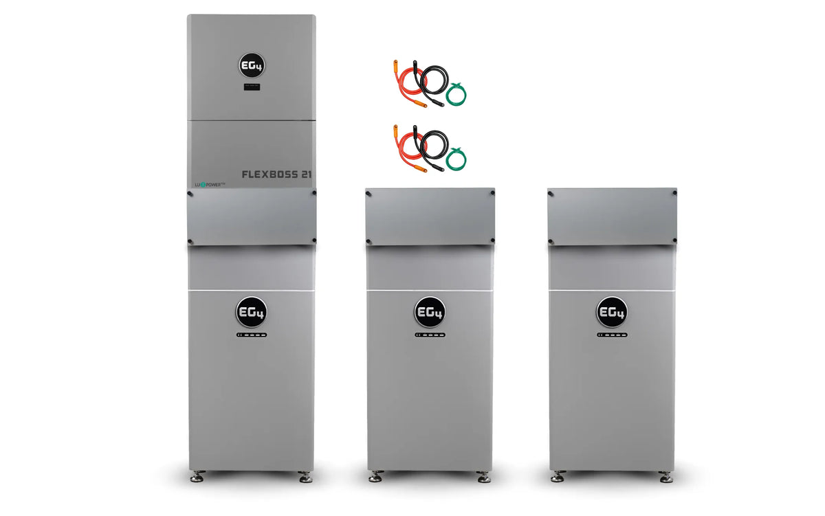 Certainly! Here is your revised description, blending in one or two of the given keywords smoothly: Three tall, rectangular silver battery units from EG4 stand side by side, with wiring harnesses displayed above them on a white background.