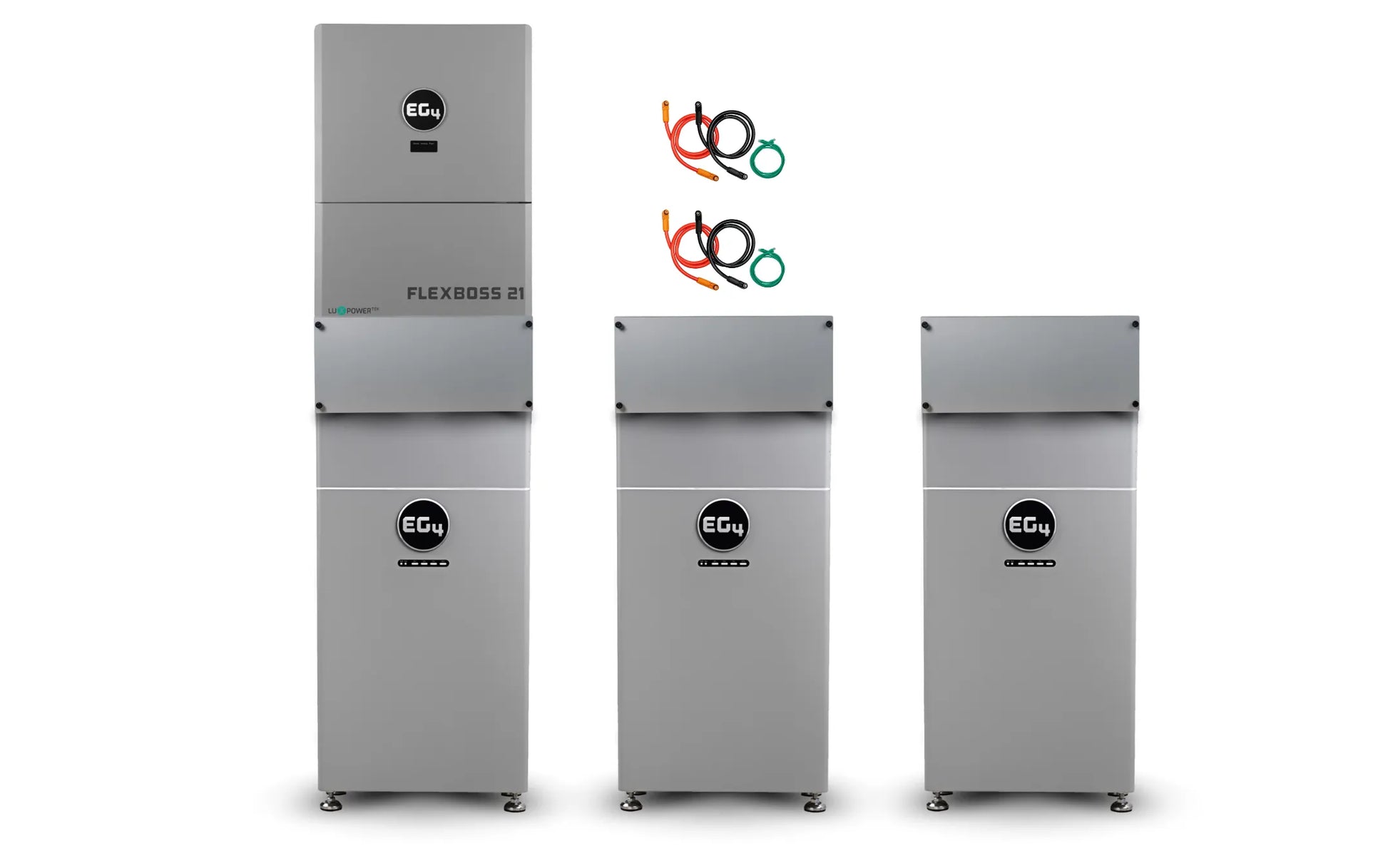 Certainly! Here is your revised description, blending in one or two of the given keywords smoothly: Three tall, rectangular silver battery units from EG4 stand side by side, with wiring harnesses displayed above them on a white background.