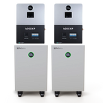 Two pairs of stacked electronic devices, each featuring a display screen and labeled "8000XP" on the upper unit and "EG4 Battery" on the lower unit, are set against a plain white background. The labels utilize an IBM Plex Sans font family for a modern touch, while each device’s brand name, BigBattery, is prominently displayed. Additionally, the corners of each device showcase a subtle border radius, lending sleek visual appeal.