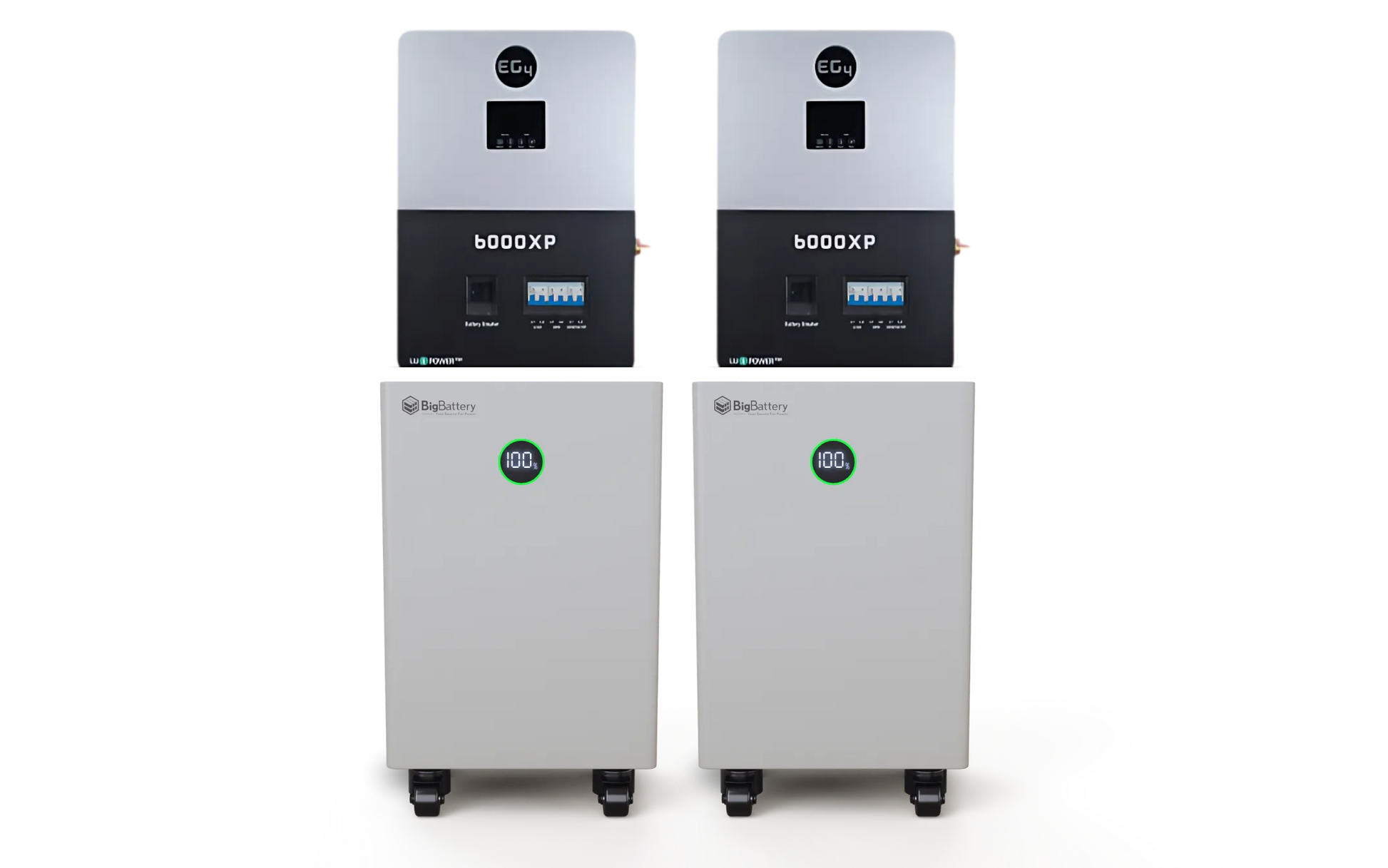 Two pairs of stacked electronic devices, each featuring a display screen and labeled "8000XP" on the upper unit and "EG4 Battery" on the lower unit, are set against a plain white background. The labels utilize an IBM Plex Sans font family for a modern touch, while each device’s brand name, BigBattery, is prominently displayed. Additionally, the corners of each device showcase a subtle border radius, lending sleek visual appeal.