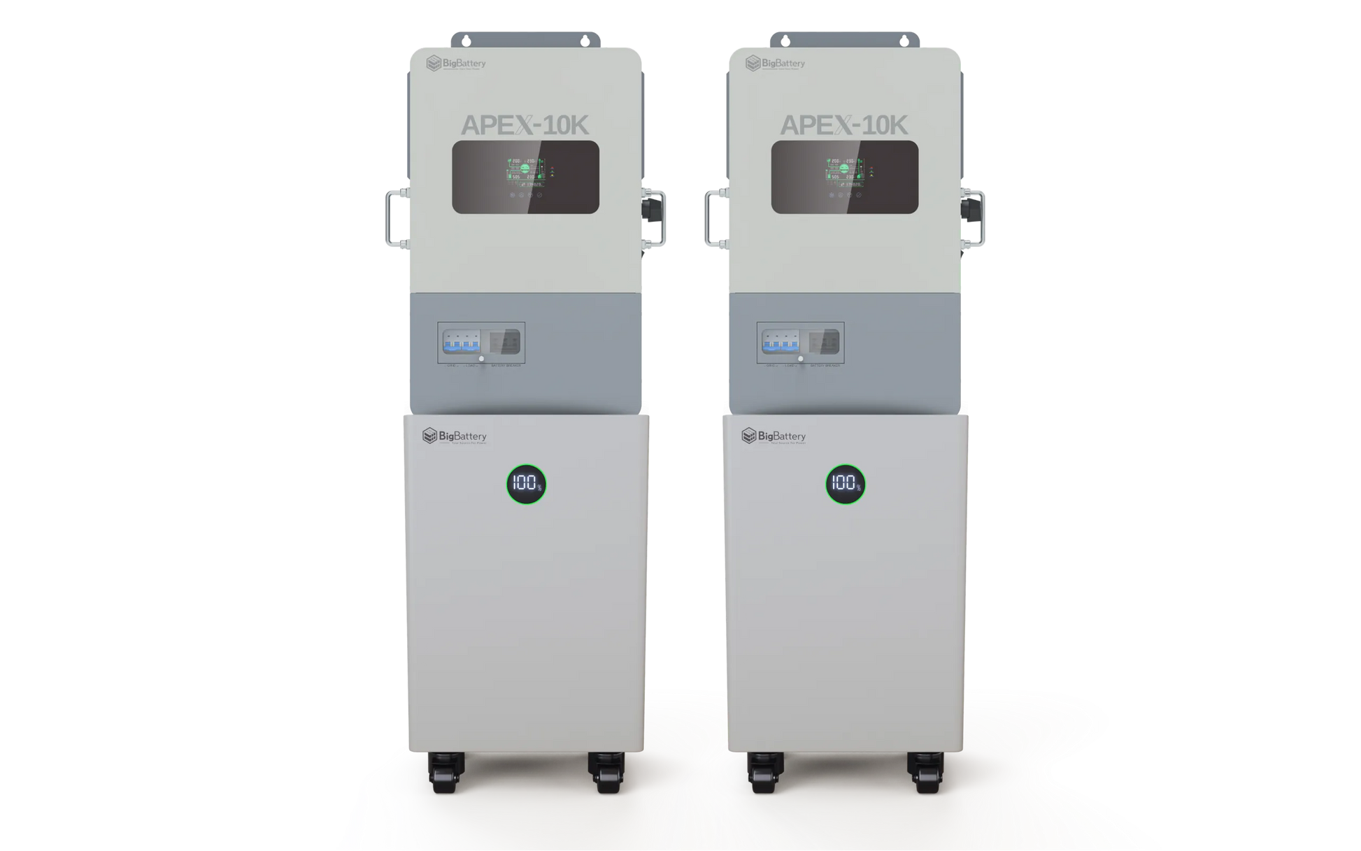 Two identical industrial machines labeled BigBattery stand side by side on wheels, each featuring a display screen and a circular indicator showing 100 on the lower front panel, set against a plain white background. The clean layout evokes the aesthetic of an IBM Plex Sans CSS product card.