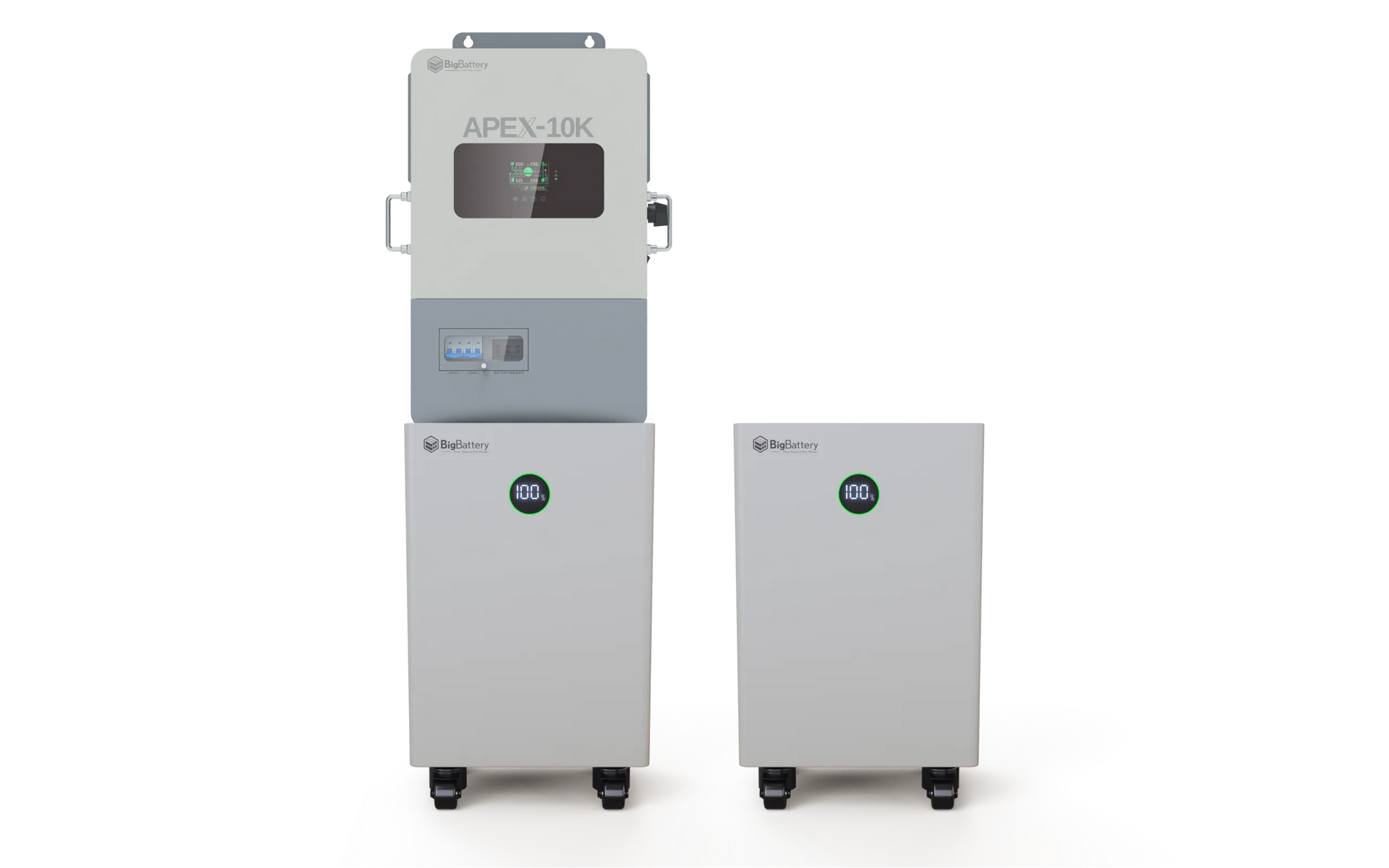 Two white rectangular BigBattery storage units with digital displays showing “100” stand side by side beside a taller unit labeled Nexus 10k, featuring a screen and control panel. All three mobile units are set against a plain backdrop, with clean lines and a modern aesthetic reminiscent of an IBM Plex Sans CSS product card.