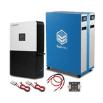 A complete off-grid solution from BigBattery featuring a 48V Puma power inverter, two tall blue BigBattery units with BMS, red and black cables, and a compact black connector panel.