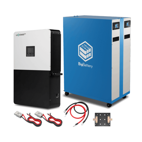 A complete off-grid solution from BigBattery featuring a 48V Puma power inverter, two tall blue BigBattery units with BMS, red and black cables, and a compact black connector panel.