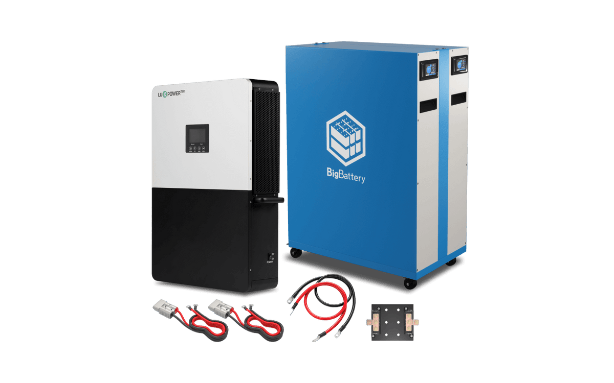 A complete off-grid solution from BigBattery featuring a 48V Puma power inverter, two tall blue BigBattery units with BMS, red and black cables, and a compact black connector panel.