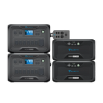 Four black Bluetti portable power stations (AC300 and B300) are connected by cables, providing up to 5400W input and a 3000W Pure Sine Wave Inverter, with display screens, buttons, and various input/output ports.