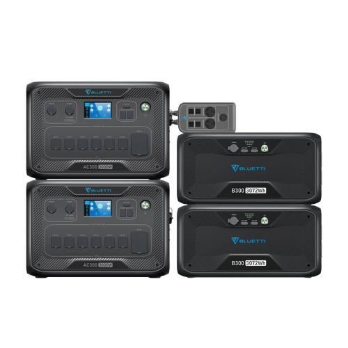 Four black Bluetti portable power stations (AC300 and B300) are connected by cables, providing up to 5400W input and a 3000W Pure Sine Wave Inverter, with display screens, buttons, and various input/output ports.
