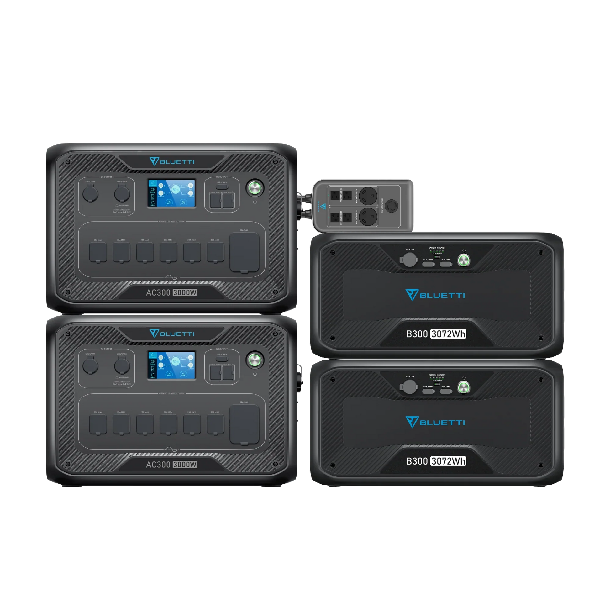 Four black Bluetti portable power stations (AC300 and B300) are connected by cables, providing up to 5400W input and a 3000W Pure Sine Wave Inverter, with display screens, buttons, and various input/output ports.