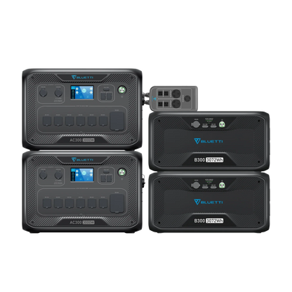 Four black Bluetti portable power stations (AC300 and B300) are connected by cables, providing up to 5400W input and a 3000W Pure Sine Wave Inverter, with display screens, buttons, and various input/output ports.