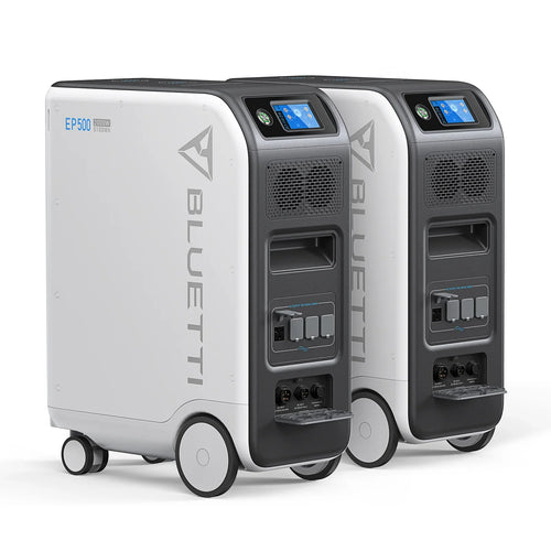 Two Bluetti EP500 backup power stations with wheels, touchscreen displays, and multiple outlets are displayed side by side on a white background, featuring reliable LiFePO4 battery technology for long-lasting performance.