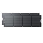 Four black rectangular Bluetti PV350 solar panels, each with a grid pattern and side handle, are arranged in a partially overlapping row—making this Bluetti portable power solution perfect for outdoor or travel use.