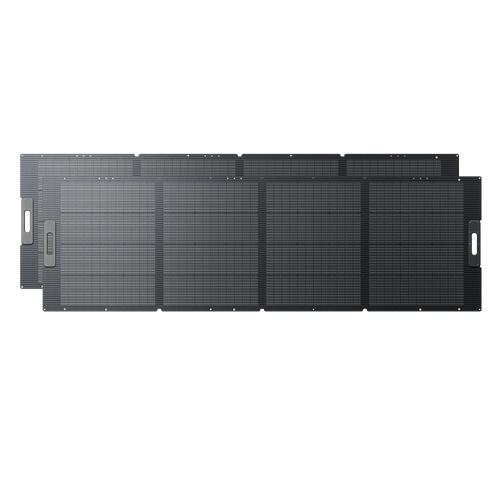 Four black rectangular Bluetti PV350 solar panels, each with a grid pattern and side handle, are arranged in a partially overlapping row—making this Bluetti portable power solution perfect for outdoor or travel use.