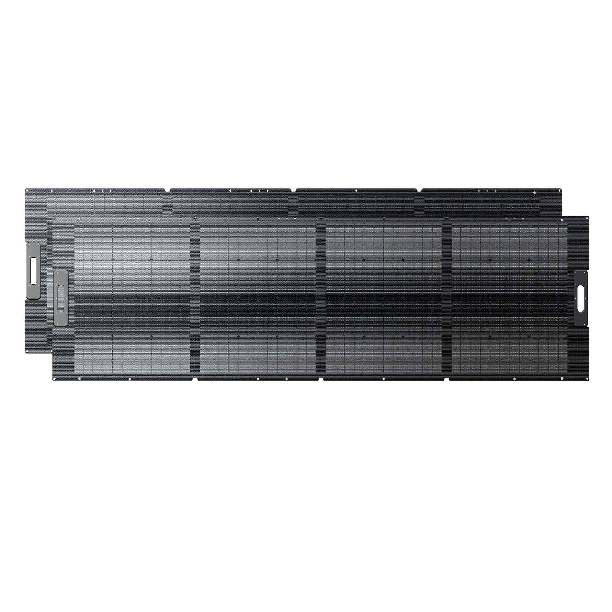 Four black rectangular Bluetti PV350 solar panels, each with a grid pattern and side handle, are arranged in a partially overlapping row—making this Bluetti portable power solution perfect for outdoor or travel use.