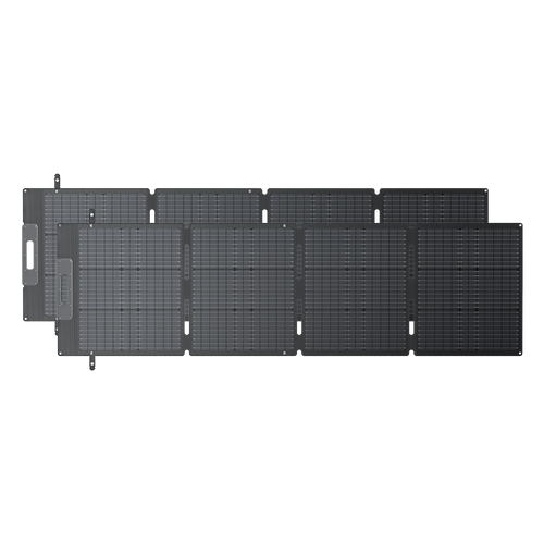 The Bluetti foldable portable solar panel features six connected rectangular segments made with black monocrystalline cells and visible grid patterns, shown laid flat on a white background.