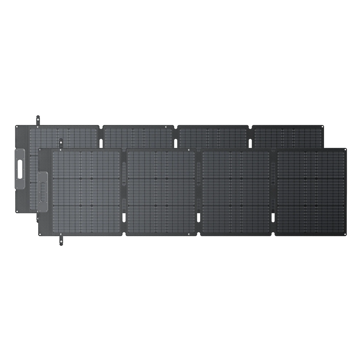 The Bluetti foldable portable solar panel features six connected rectangular segments made with black monocrystalline cells and visible grid patterns, shown laid flat on a white background.