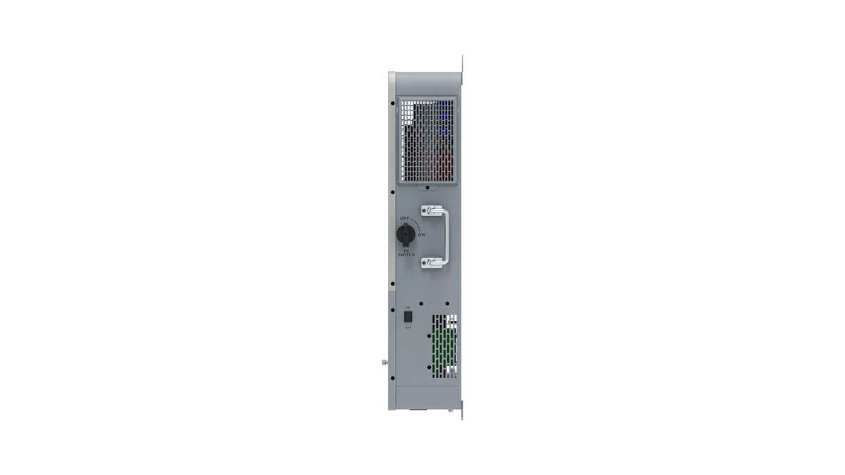 Rear view of a gray BigBattery server or computer tower showing ventilation grilles, various input/output ports, a power connector, and a central handle for lifting or moving the unit—details as precise as selecting IBM Plex Sans for your font family or defining layout with CSS variables.
