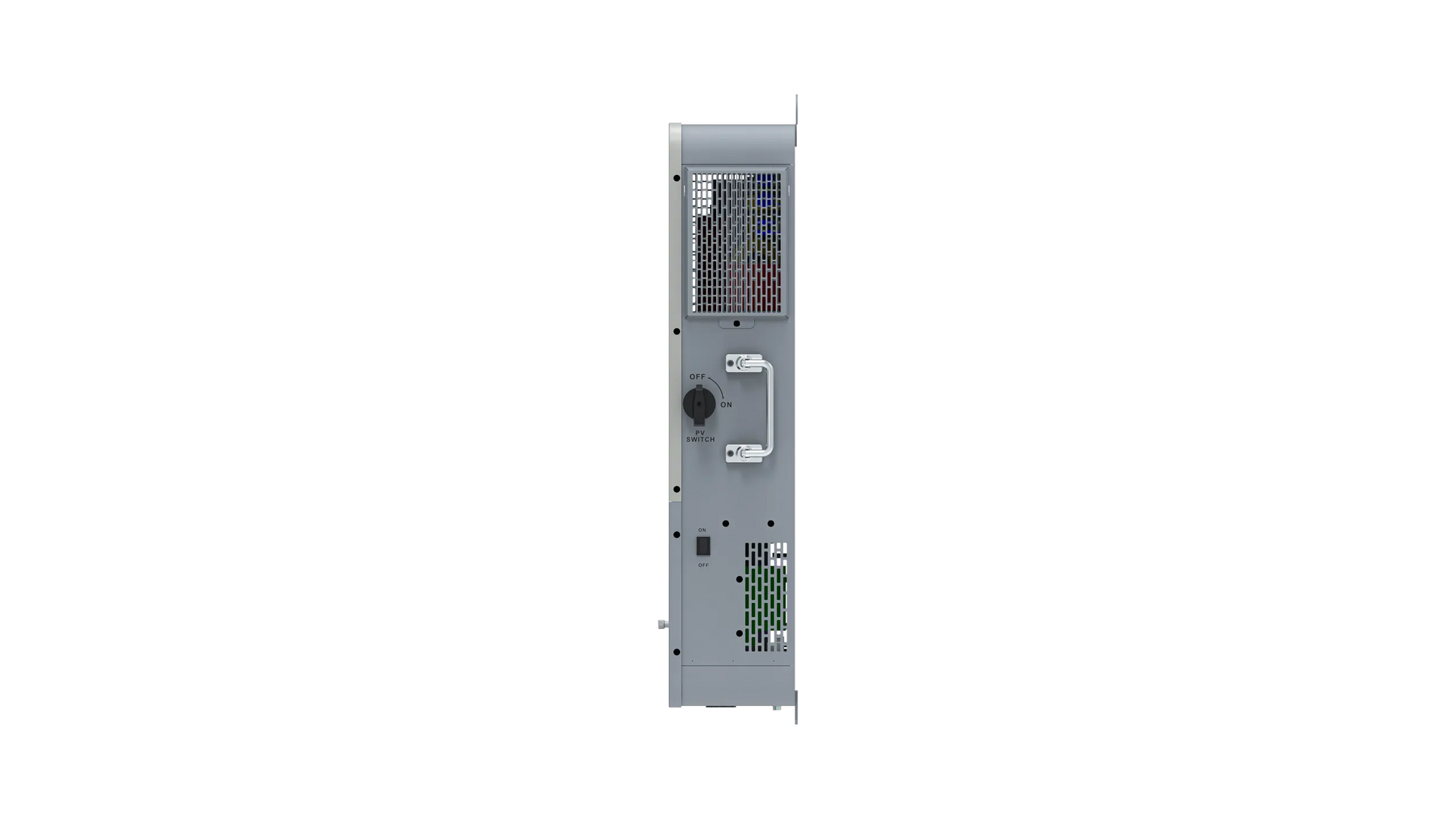 Rear view of a gray BigBattery server or computer tower showing ventilation grilles, various input/output ports, a power connector, and a central handle for lifting or moving the unit—details as precise as selecting IBM Plex Sans for your font family or defining layout with CSS variables.