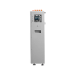 Modern, tall rectangular EG4 industrial control panel featuring a small display screen, top-mounted control buttons, a handle beneath the buttons, and a cutout below the screen—all designed with smooth border radius edges—standing on adjustable feet against a plain white background.